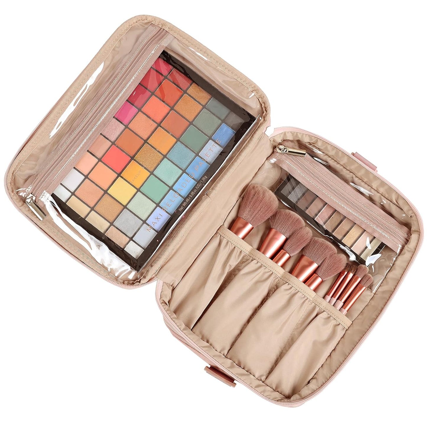 Extra Large Double Layer Travel Makeup Bag Women, Cosmetic Organizer Case, Essentials Accessories with Shoulder Strap for Bottles, Brushes, Conditioner, Skin Care Products, Pink