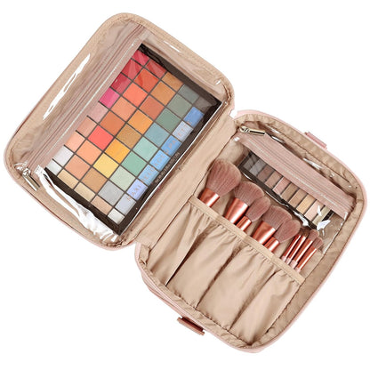Extra Large Double Layer Travel Makeup Bag Women, Cosmetic Organizer Case, Essentials Accessories with Shoulder Strap for Bottles, Brushes, Conditioner, Skin Care Products, Pink