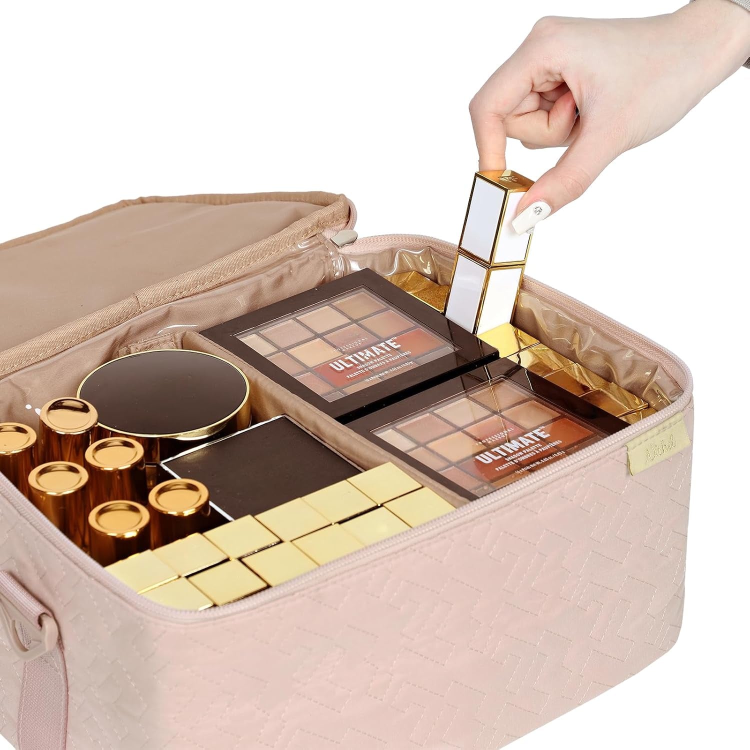 Extra Large Double Layer Travel Makeup Bag Women, Cosmetic Organizer Case, Essentials Accessories with Shoulder Strap for Bottles, Brushes, Conditioner, Skin Care Products, Pink