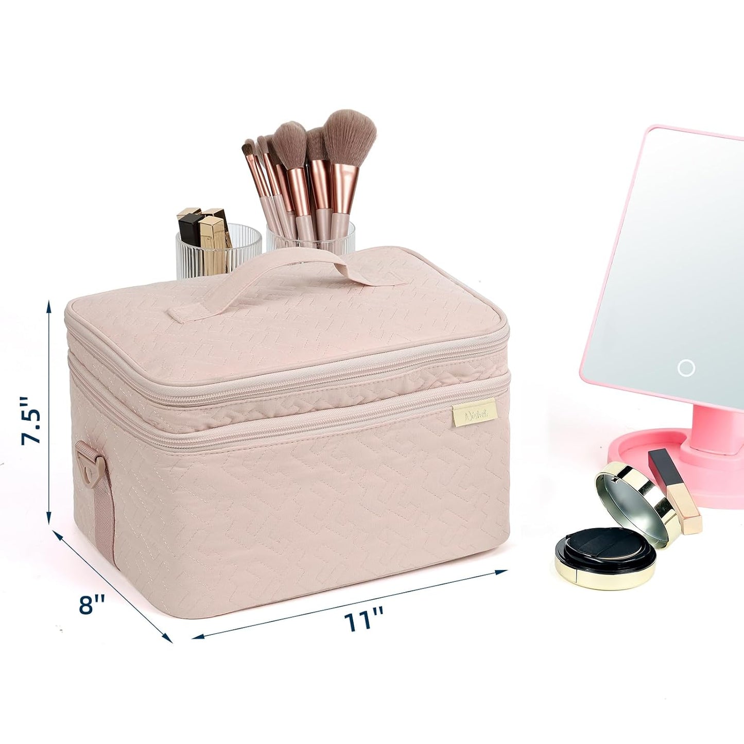 Extra Large Double Layer Travel Makeup Bag Women, Cosmetic Organizer Case, Essentials Accessories with Shoulder Strap for Bottles, Brushes, Conditioner, Skin Care Products, Pink