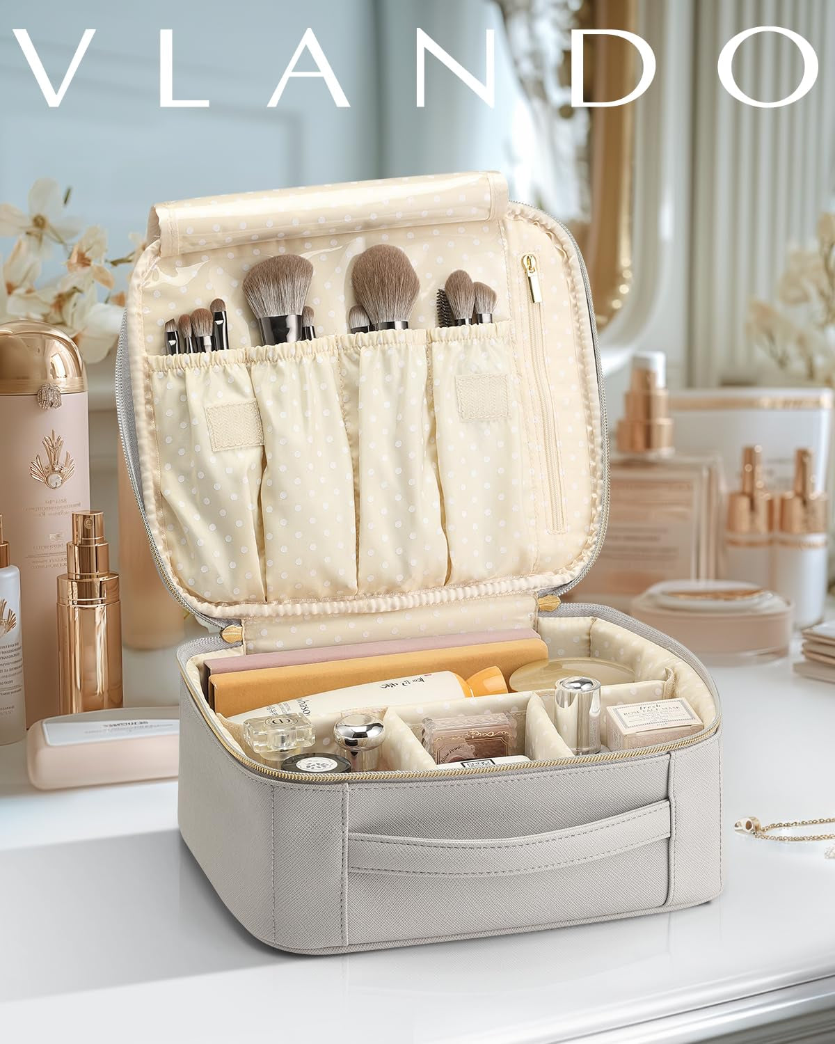 Stylish Gray Travel Makeup Cosmetic Case Organizer - Portable Storage Bag with Adjustable Dividers for All Your Beauty Essentials