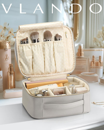 Stylish Gray Travel Makeup Cosmetic Case Organizer - Portable Storage Bag with Adjustable Dividers for All Your Beauty Essentials