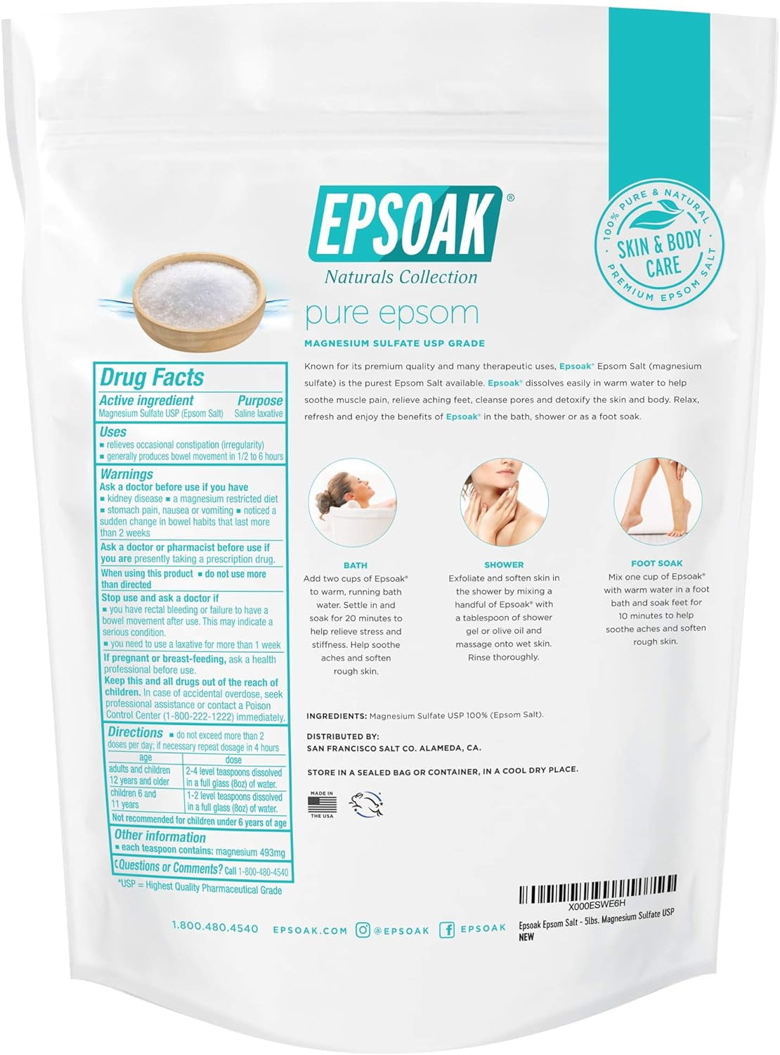 Epsom Salt 10 Lb. Magnesium Sulfate USP. (Qty. 2 X 5 Lb. Bags) Resealable Epsom Salt Bag Unscented, Made in the USA, Cruelty-Free Certified