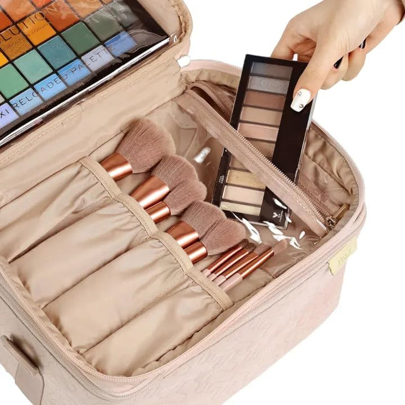 Extra Large Double Layer Travel Makeup Bag Women, Cosmetic Organizer Case, Essentials Accessories with Shoulder Strap for Bottles, Brushes, Conditioner, Skin Care Products, Pink