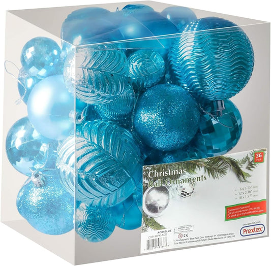 36 Piece Christmas Ornaments Set - Acid Blue Christmas Tree Decorations - Shatterproof Ball Ornaments in Small, Medium, and Large Sizes - Durable Holiday Decor for Indoor and Outdoor Use